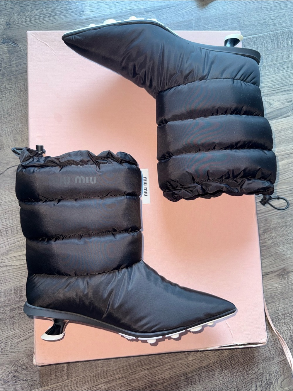 New in Box Miu Miu Black Quilted Nylon Padded Pointed-Toe Mid-Heel Boots